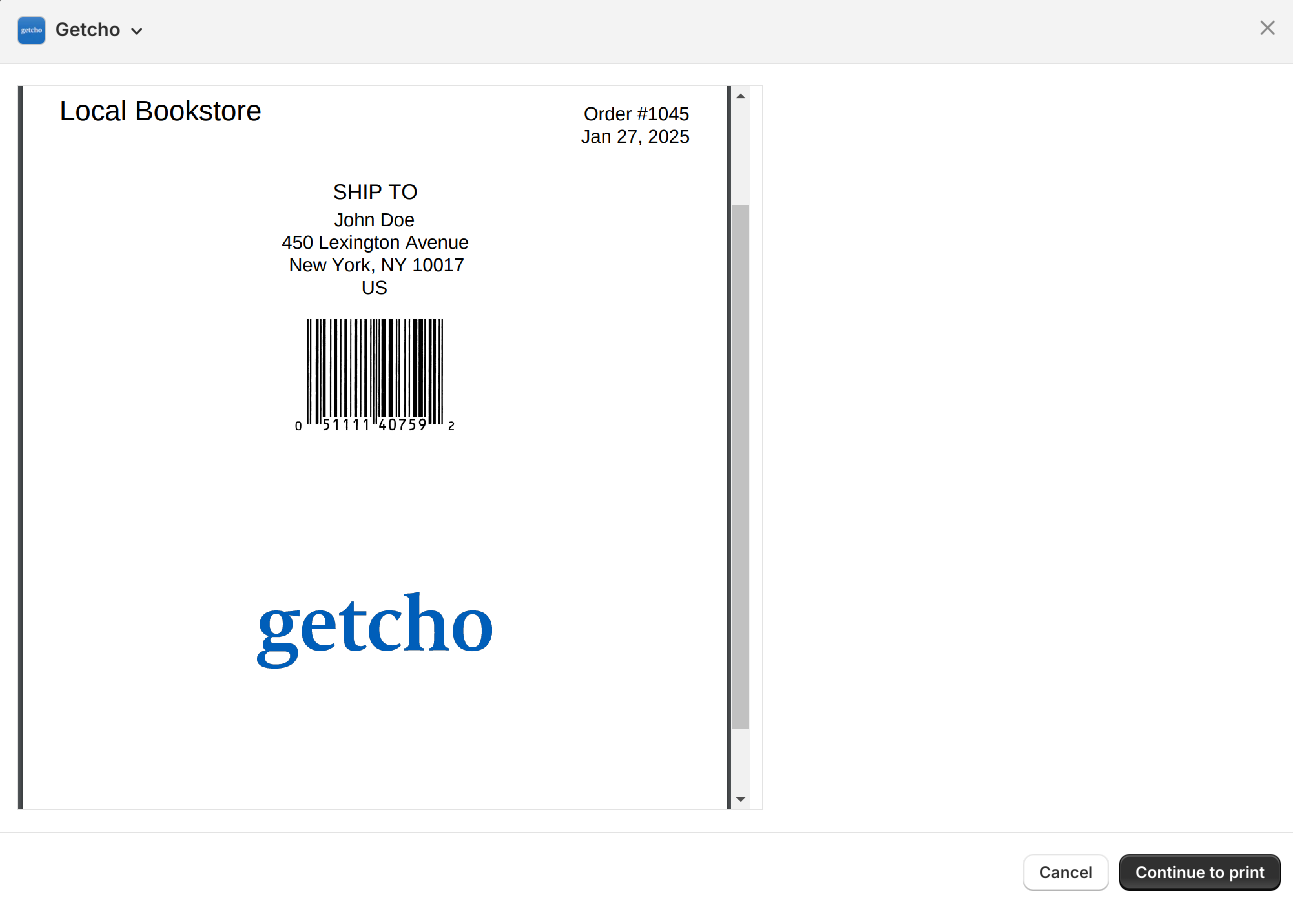 Shopify Print Label Getcho