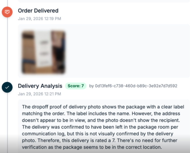 AI delivery analysis showing pickup photo verification, delivery photo, and Score 7 with detailed reasoning