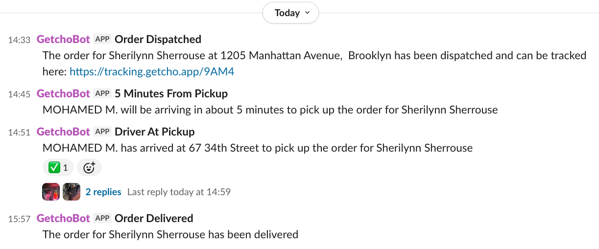 GetchoBot Slack notifications showing order dispatched, driver arriving, and delivery complete