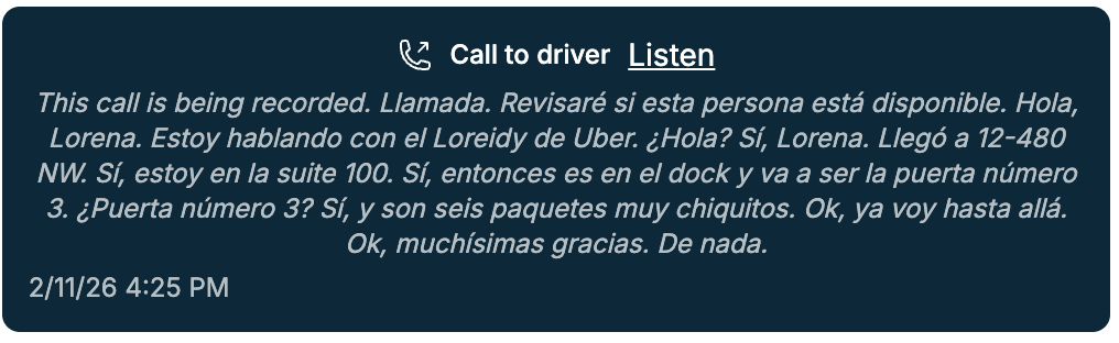 AI voice agent calling a driver in Spanish with delivery instructions